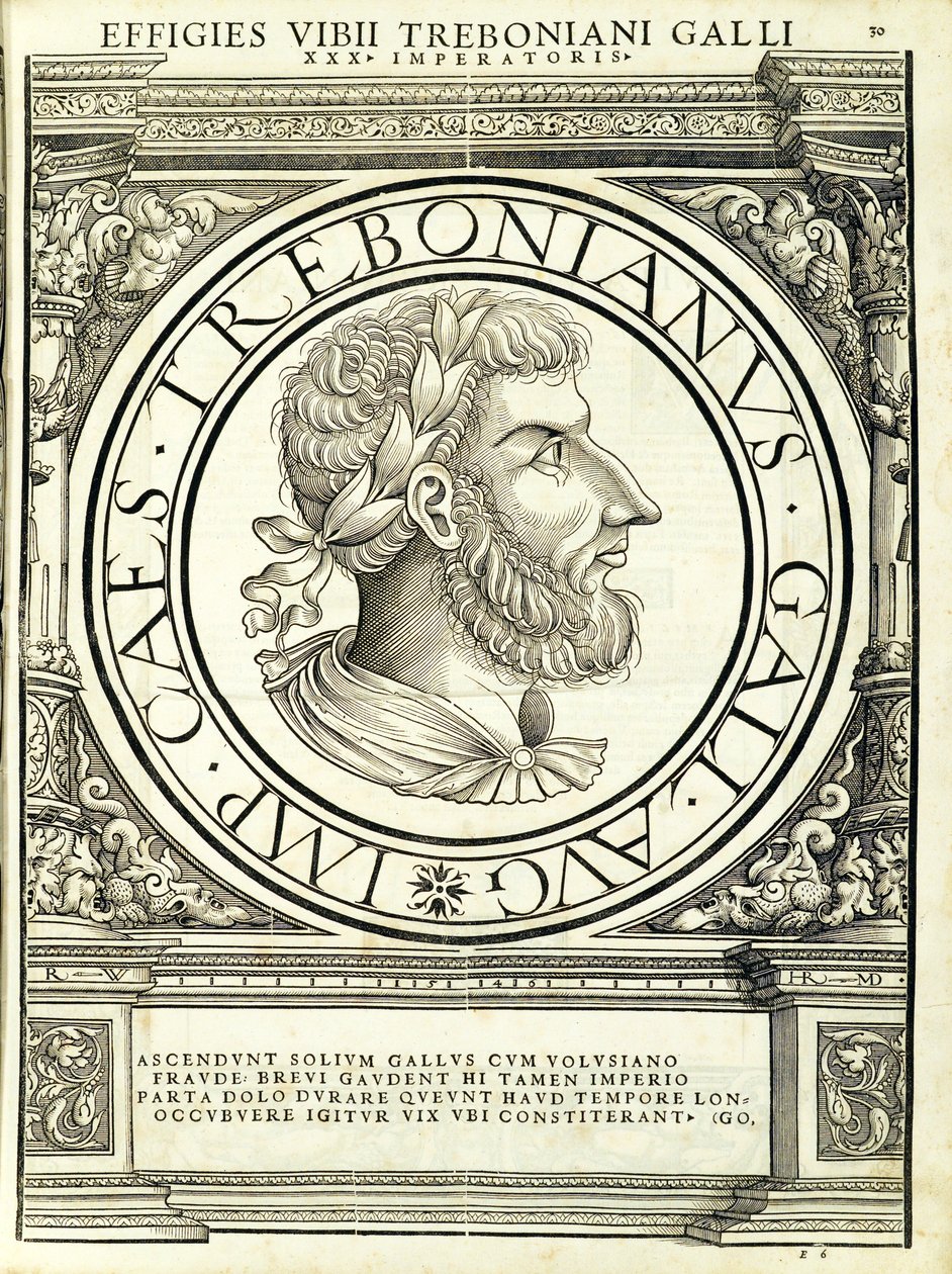 Gallus, do comandante geral da Roman leste e oeste mais verdadeiras imagens de moedas antigas, gravura por Rudolph Wyssenbach, impressa por Andreas Hamberger, de Hans Rudolf Manuel Deutsch