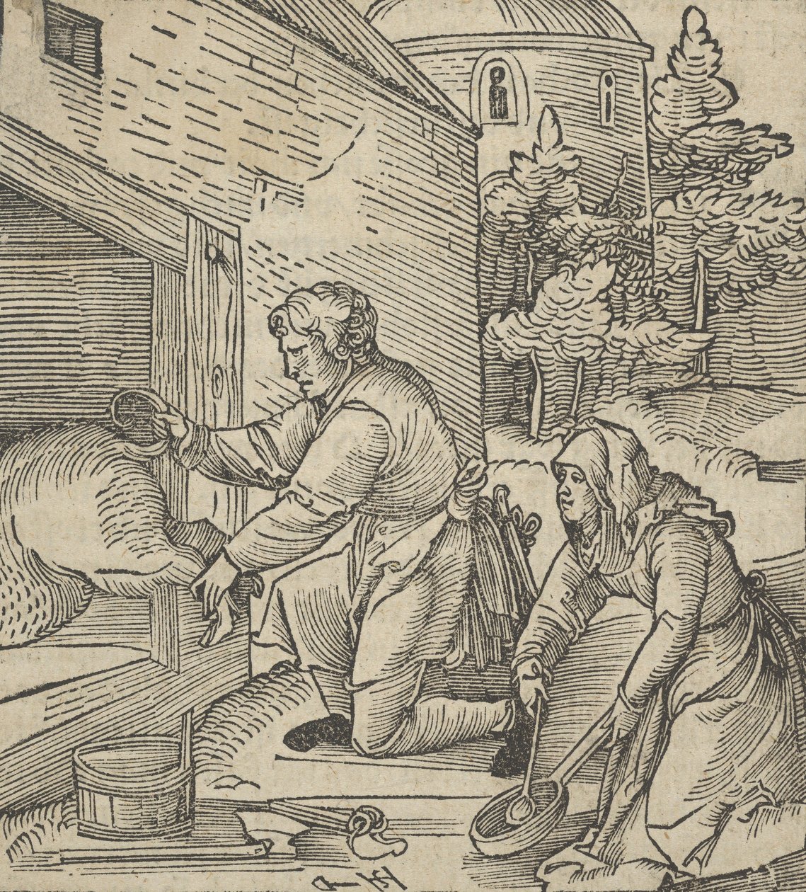 Um fazendeiro matando um porco, de Hymmelwagen auff dem, wer wol leben..., 1517. de Hans Schäufelein the Elder