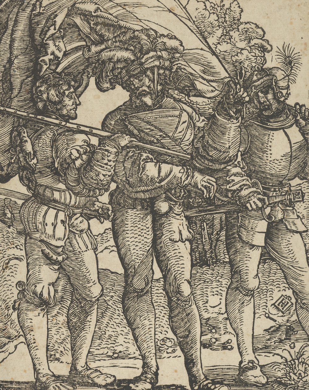 Um porta-estandarte flanqueado por um Lansquenet em cada cópia do lado. de Hans Schäufelein the Elder