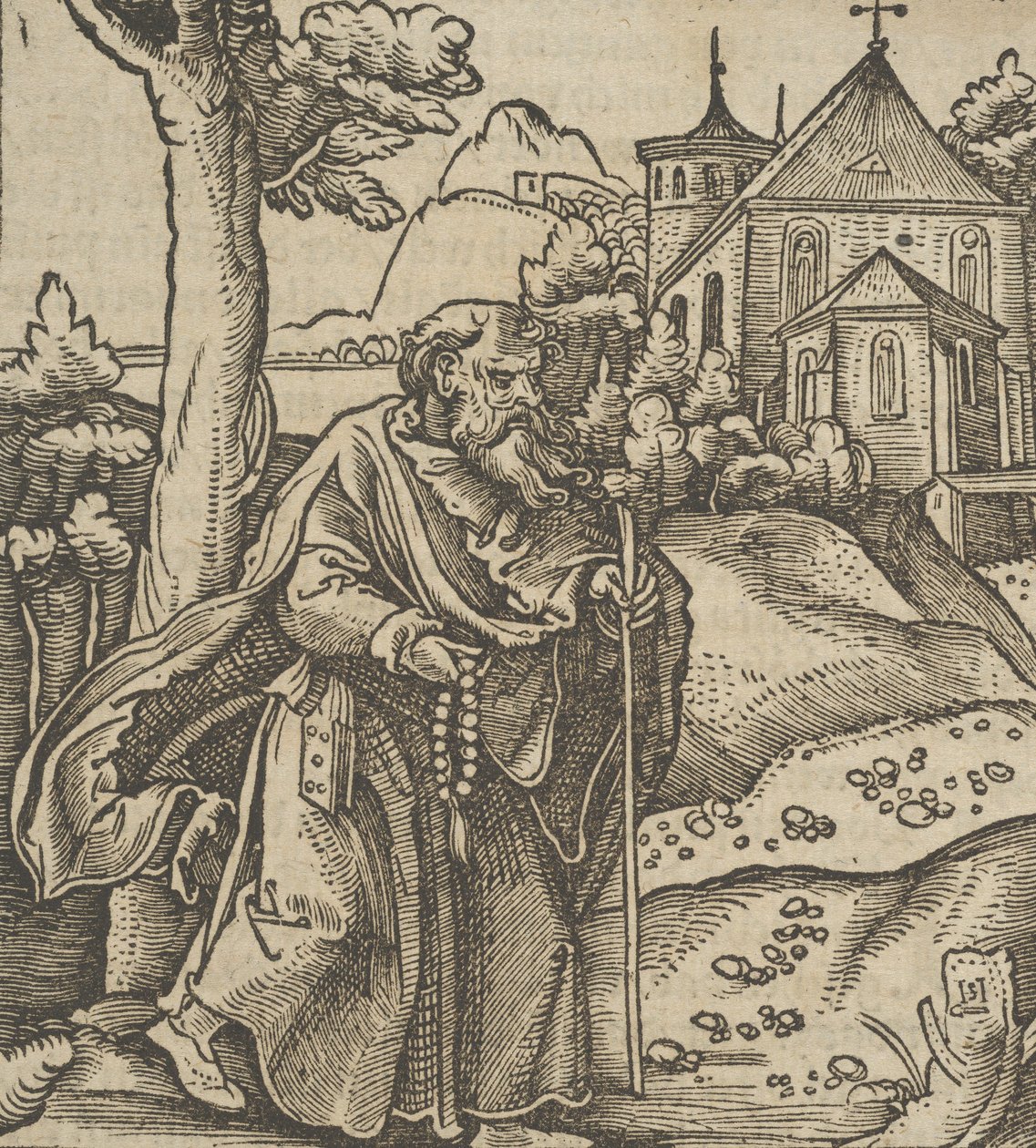 Um velho peregrino caminhando para a direita, de Hymmelwagen auff dem, wer wol Leben..., 1517. de Hans Schäufelein the Elder