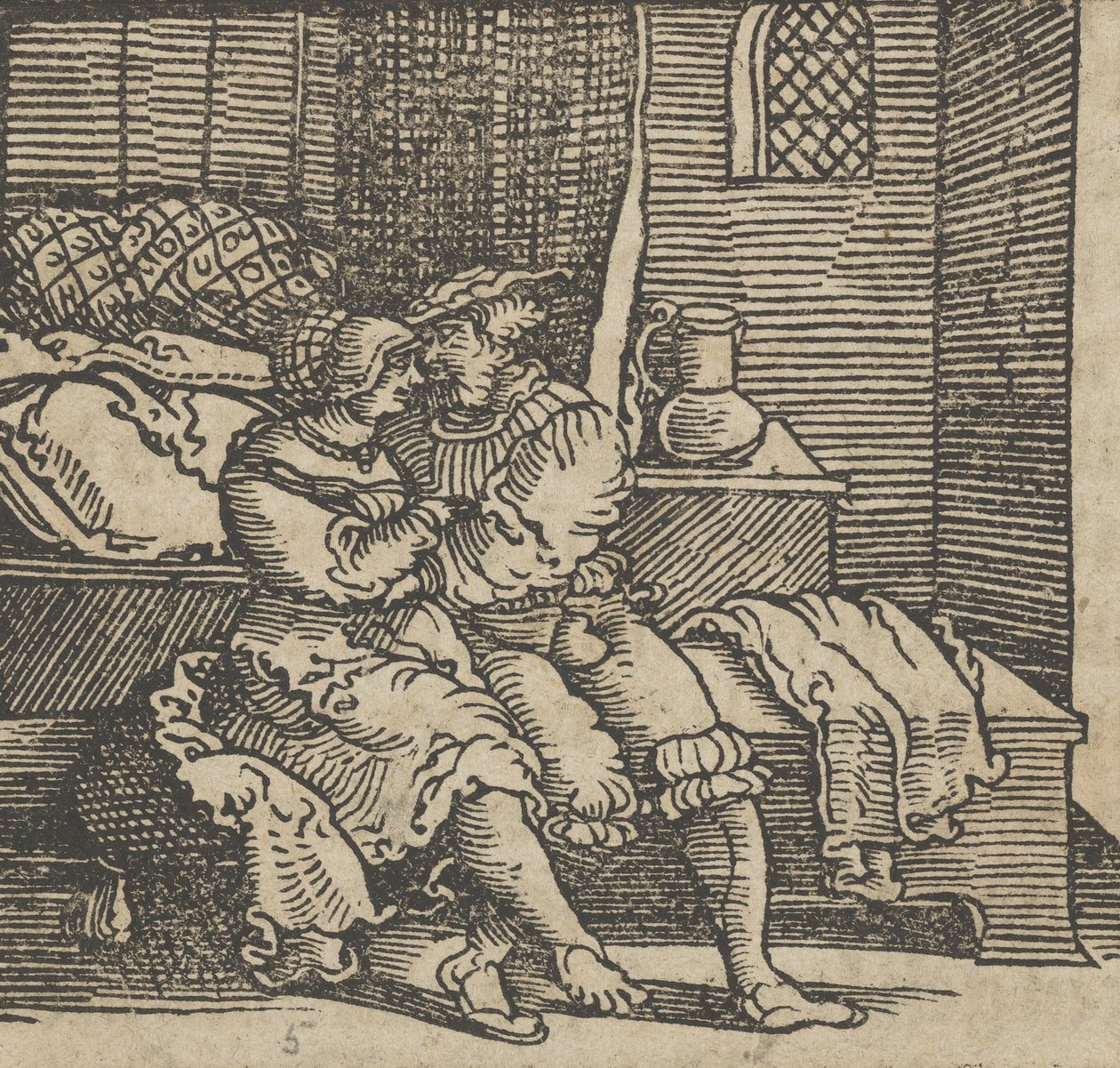 Spinneloccio Trancado em um baú, no qual sua esposa e Zeppa estão sentados, de The..., antes de 1534. de Hans Schäufelein the Elder