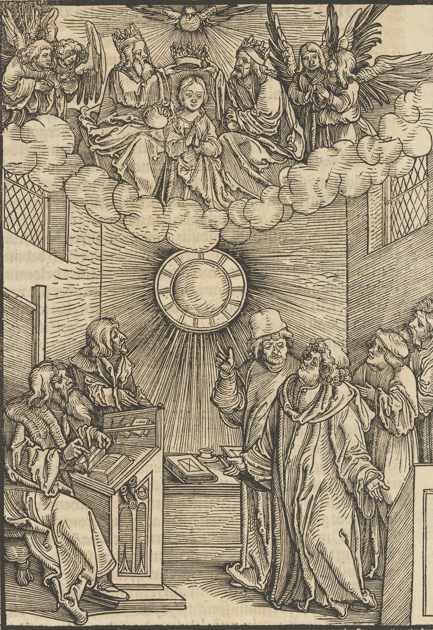 O autor escrevendo o Layenspiegel, A Trindade e a Virgem no Centro Superior, de ..., 1511. de Hans Schäufelein the Elder