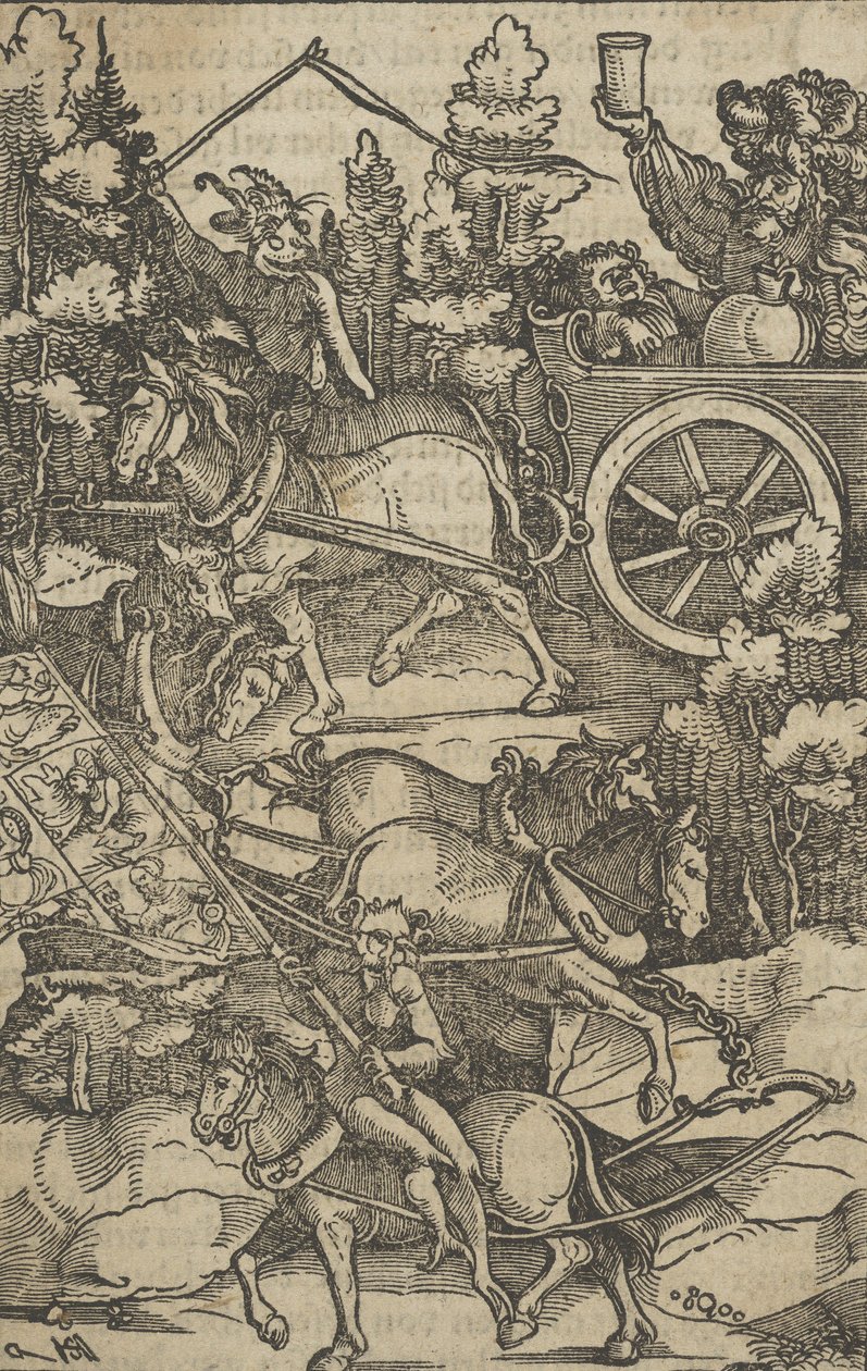 O homem bêbado em uma carruagem a caminho do inferno, de Hymmelwagen sobre quem vive ....., 1517. de Hans Schäufelein the Elder