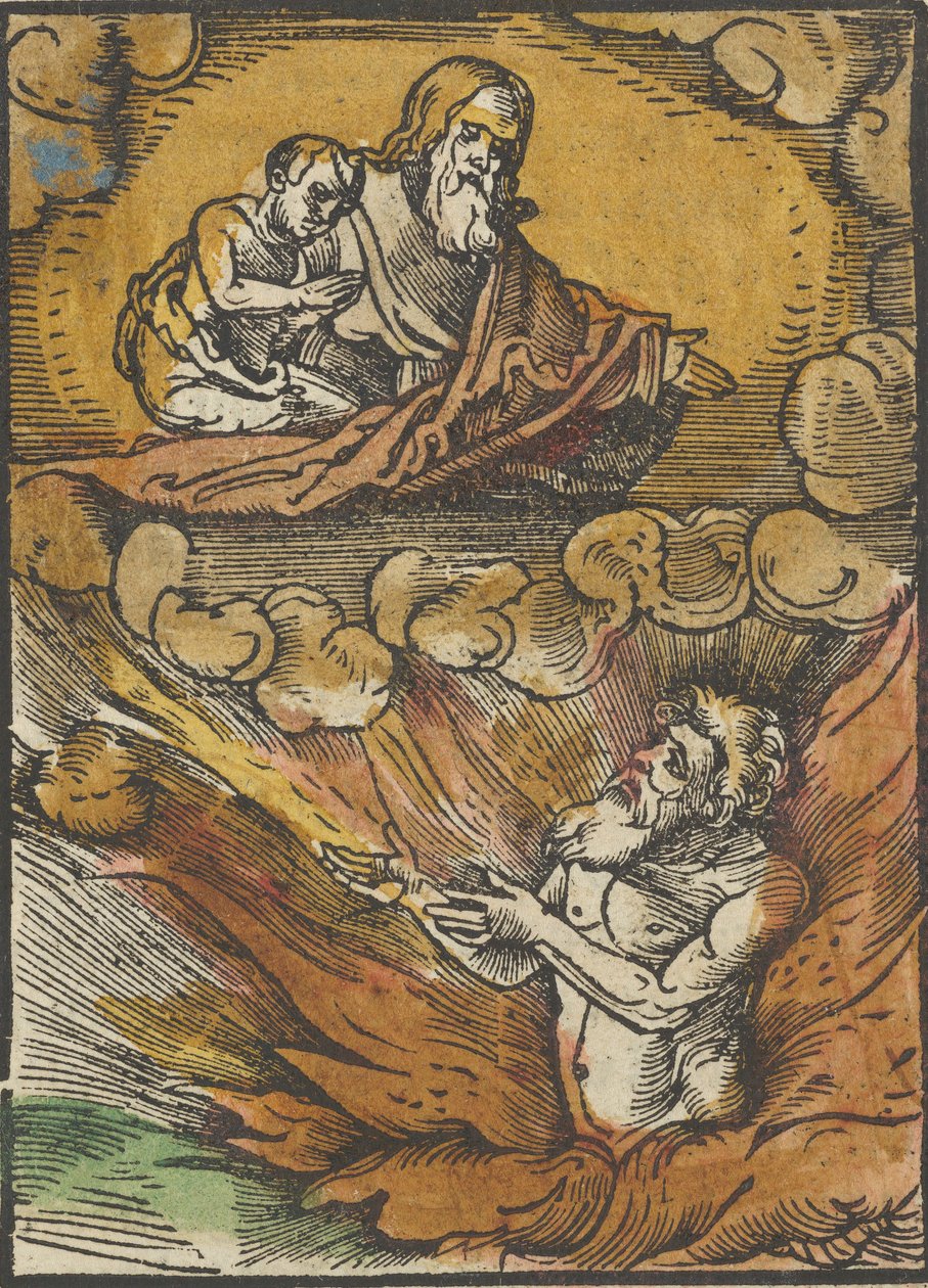 O homem rico no inferno e o pobre Lázaro no colo de Abraão, de Das Plenarium, 1517. de Hans Schäufelein the Elder