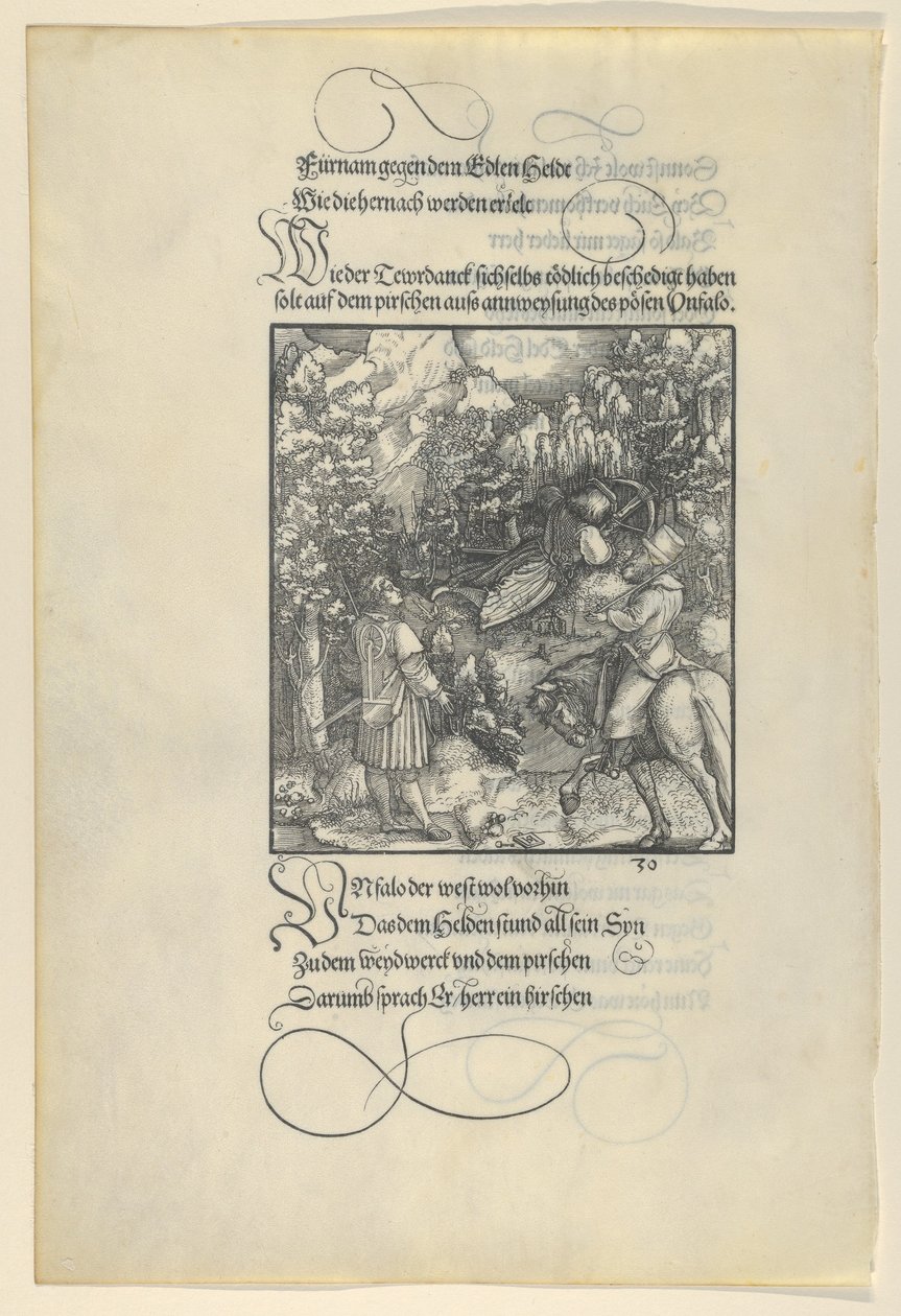 Unfalo fazendo com que Theuerdanck caia em uma armadilha durante uma caçada, de Theuerdanck, 1517. de Hans Schäufelein the Elder