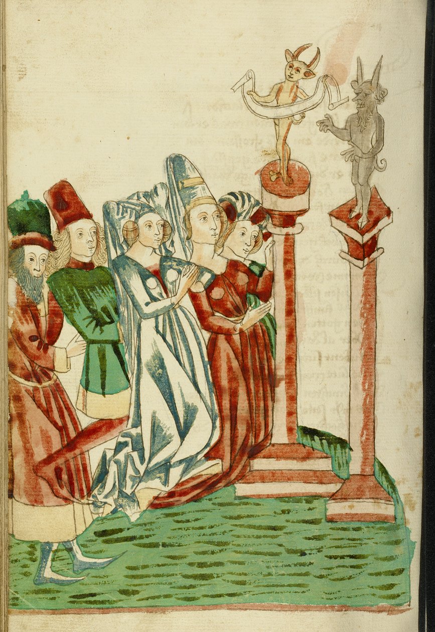 Um grupo de homens e mulheres adoram dois ídolos, 1469 (tinta, lavagens e têmpera sobre papel) de Hans Schilling