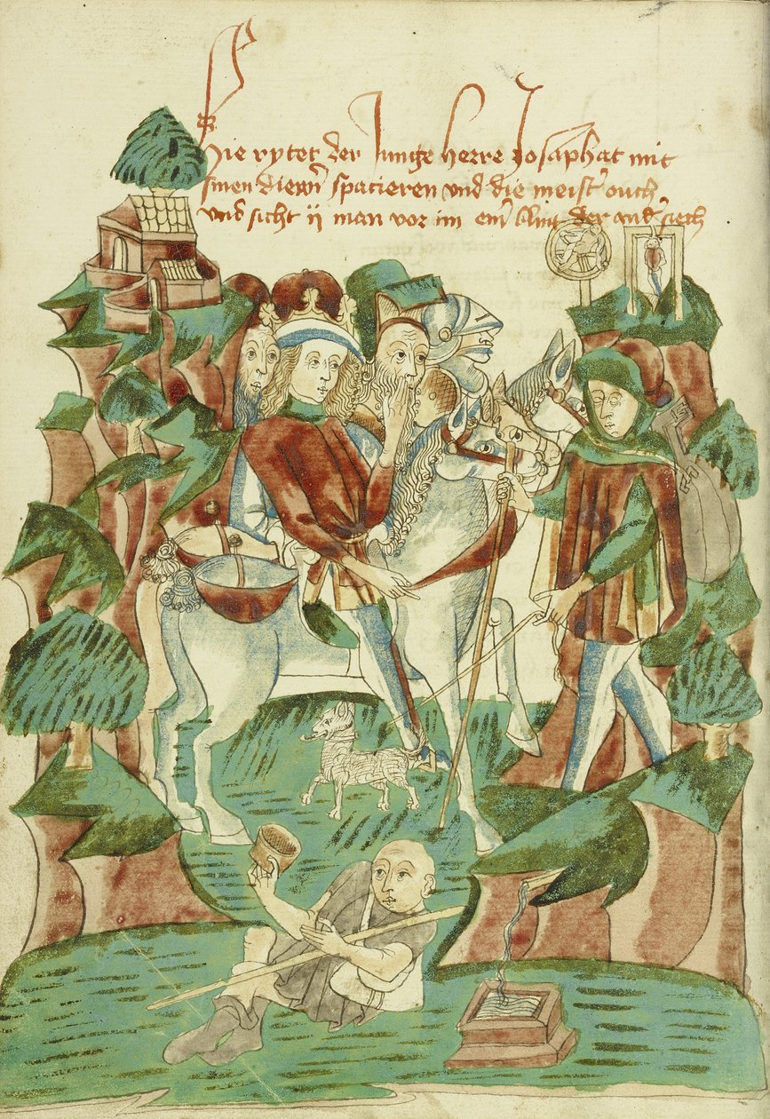 Josaphat encontra um homem cego e uma mendiga Sra. Ludwig XV 9 fol. 31v, 1469 (tinta, lavagens de cor e têmpera sobre papel) de Hans Schilling