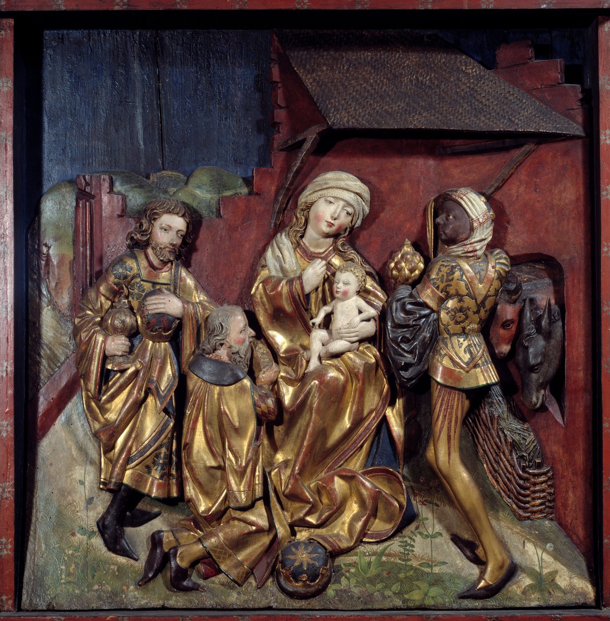 Adoração do Relevo Magi em madeira dourada policromada por Hans Schuechlin (1440-1505) de Hans Schüchlin