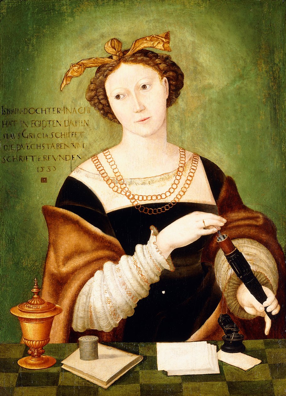 Retrato de uma senhora, na altura do punho, segurando um estojo de penas diante de uma borda, de Hans Schöpfer