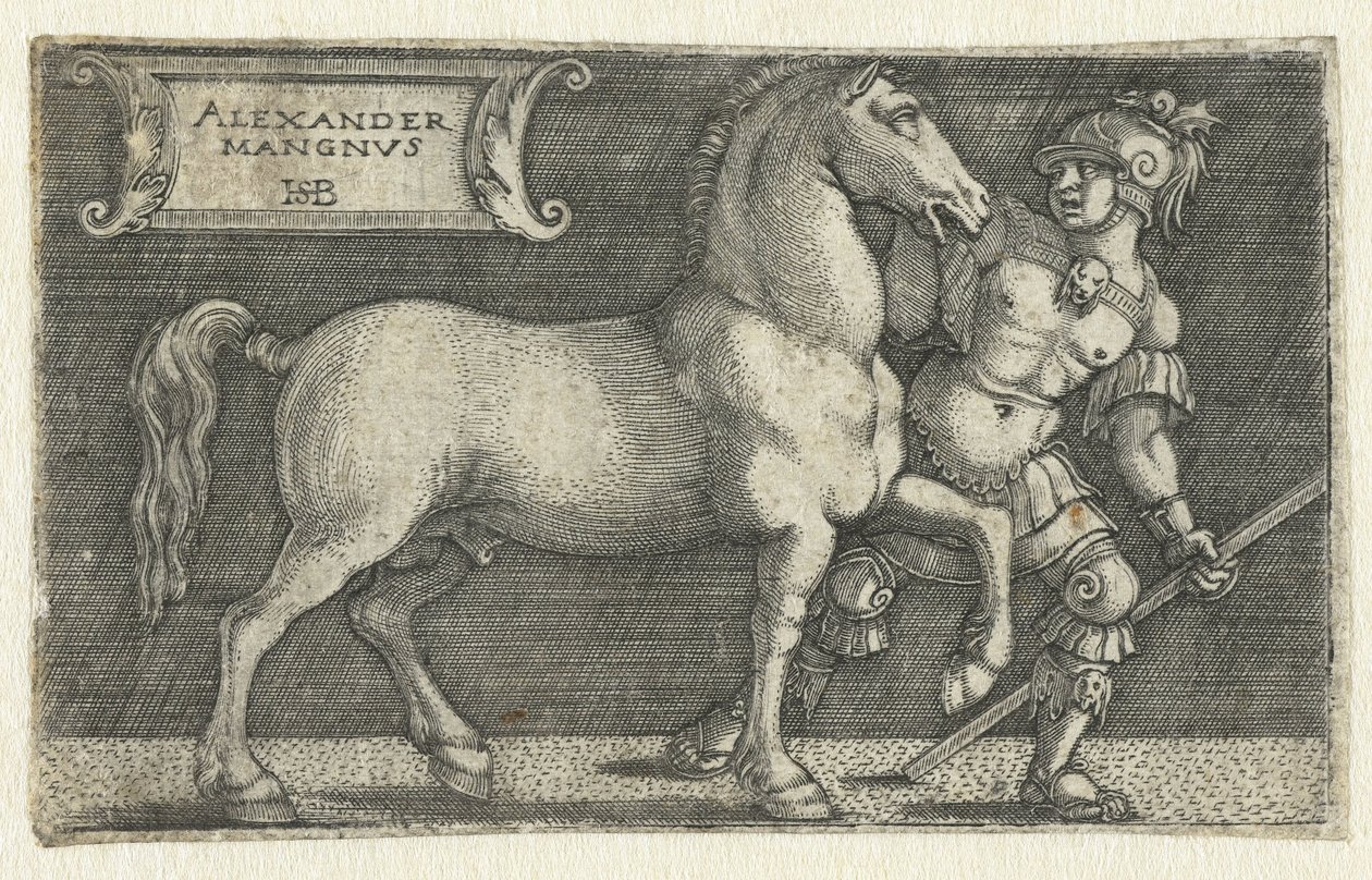 Alexandre o Grande com seu cavalo Bucéfalo Alexander Mangnvs (título no objeto) de Hans Sebald Beham