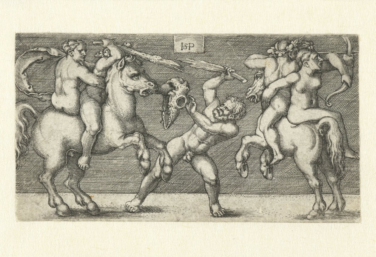 Luta entre dois homens com mulheres a cavalo e um homem de pé de Hans Sebald Beham