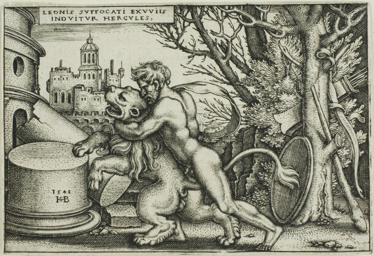 Hércules e o Leão Nemeu, de Os Trabalhos de Hércules de Hans Sebald Beham