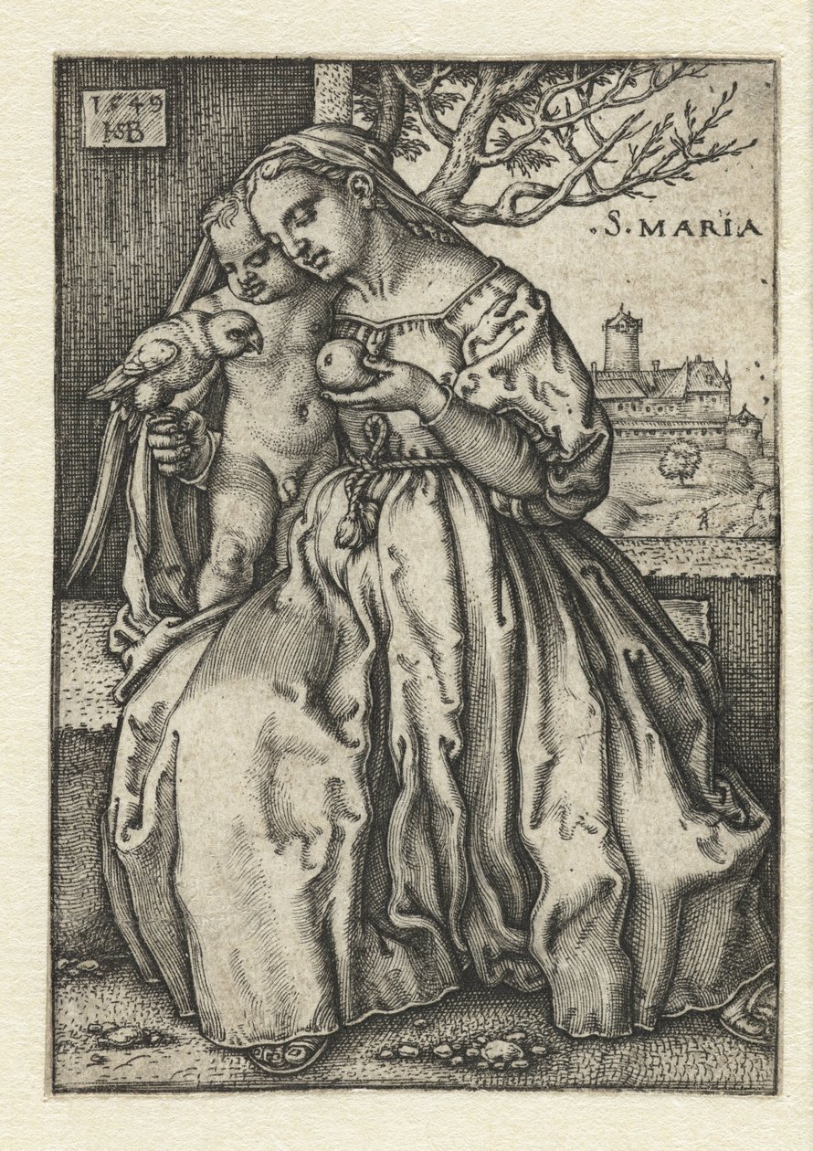 Maria com criança e papagaio e pêra de Hans Sebald Beham
