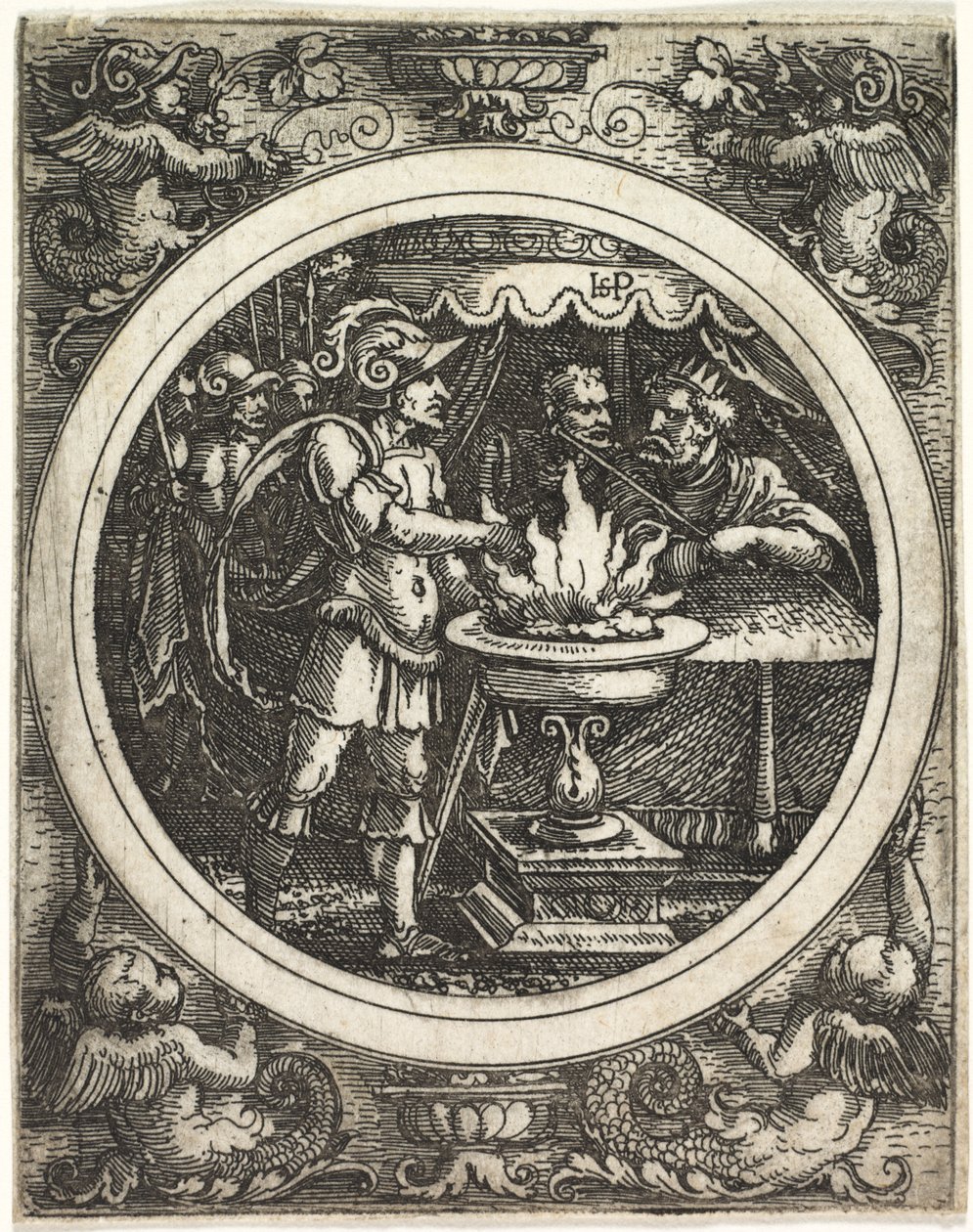 Mucius segurando as mãos no fogo, c. 1520. de Hans Sebald Beham