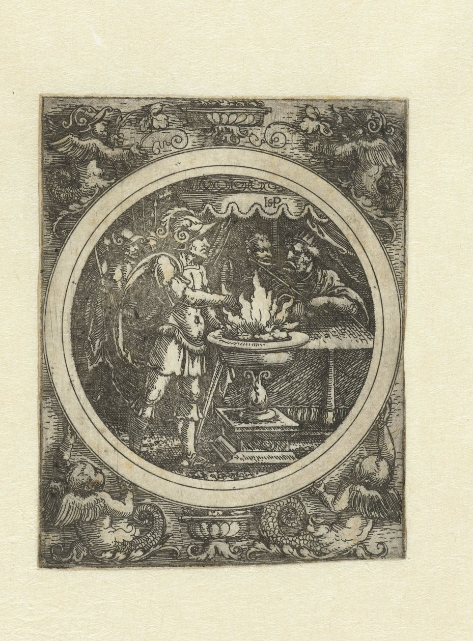 Mucius Scaevola com a sua mão direita no fogo de Hans Sebald Beham