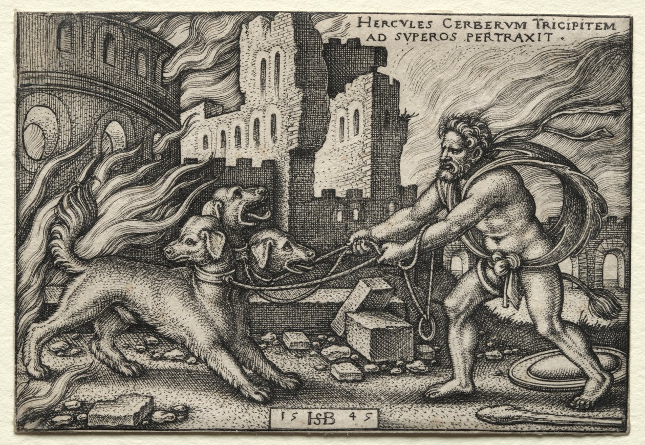 Os Trabalhos de Hércules: Hércules Arrastando Cerberus do Submundo, 1545. de Hans Sebald Beham