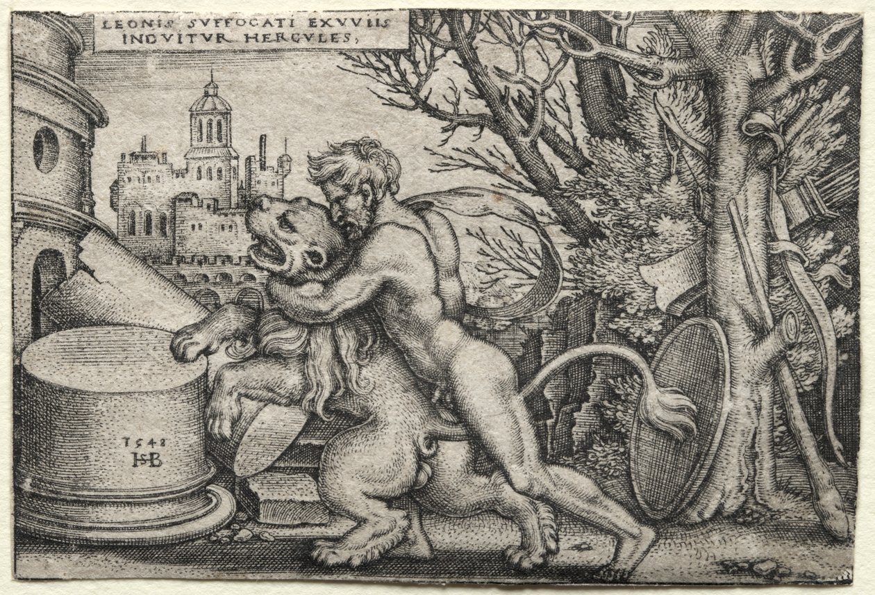 Os trabalhos de Hércules: Hércules estrangulando o leão da Nemeia de Hans Sebald Beham