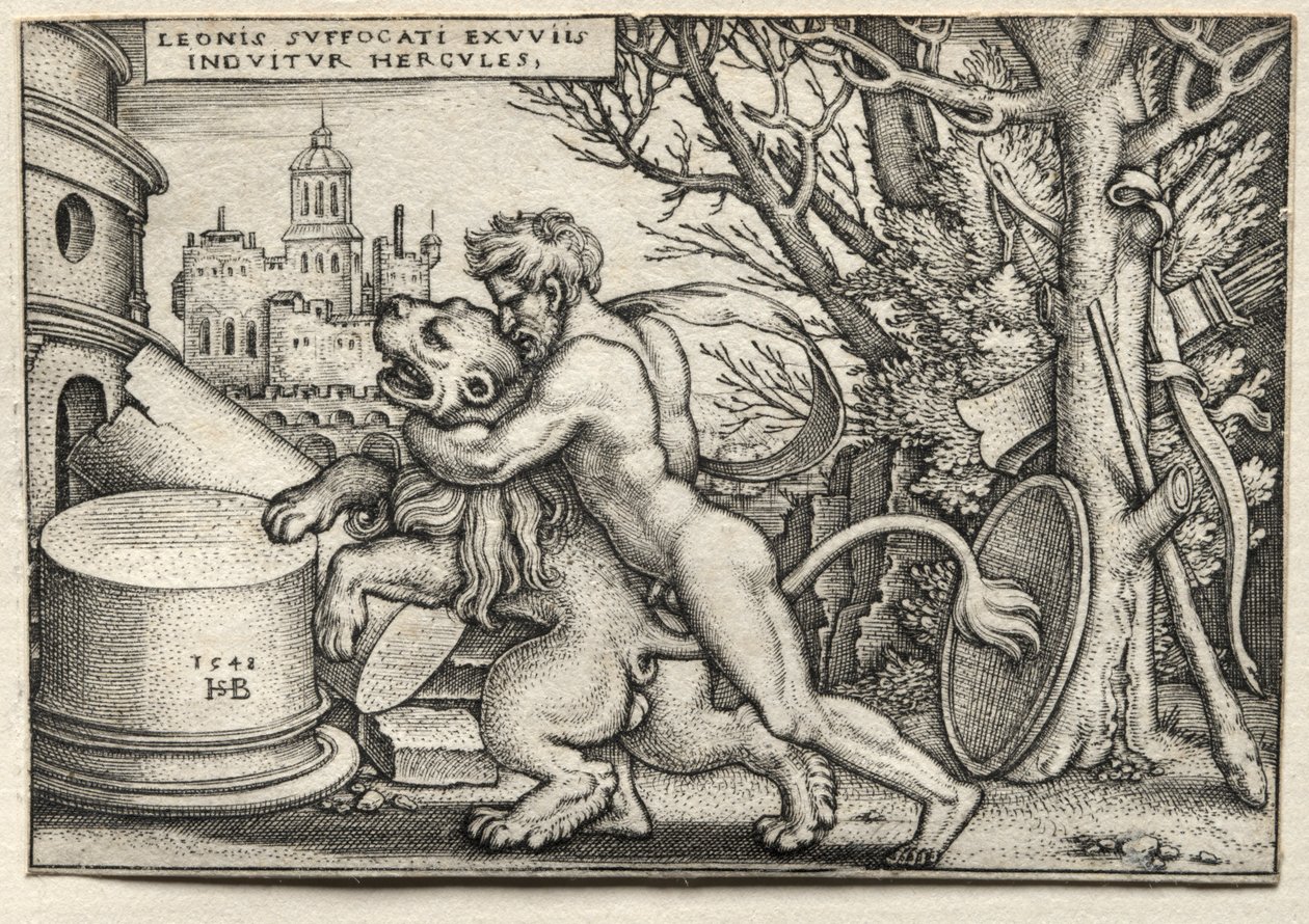Os Trabalhos de Hércules: Hércules Estrangulando o Leão Nêmeo, 1548. de Hans Sebald Beham