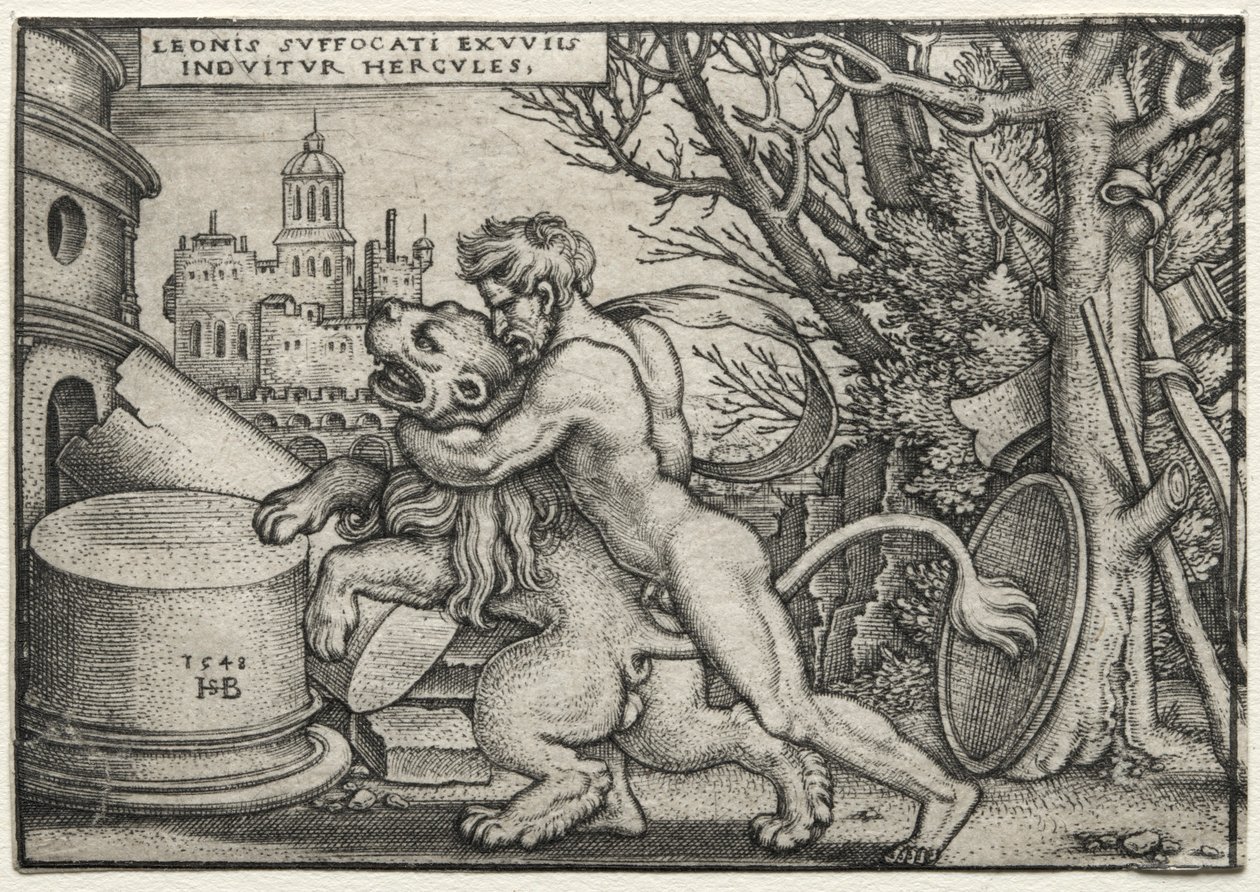 Os Trabalhos de Hércules: Hércules Estrangulando o Leão Nêmeo, 1548. de Hans Sebald Beham