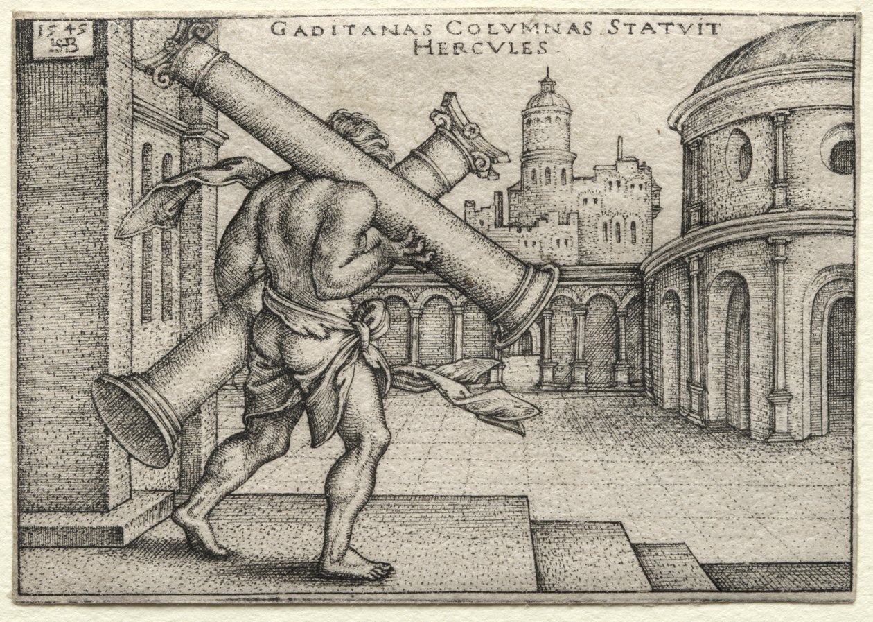 Os trabalhos de Hércules: Hércules e as colunas de Gades, 1545. de Hans Sebald Beham