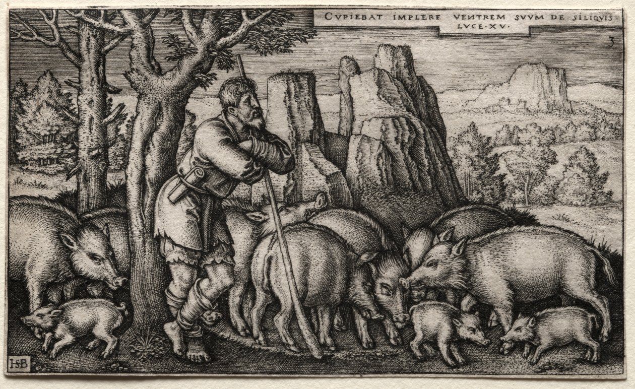 O Filho Pródigo: Cuidando dos Suínos. de Hans Sebald Beham