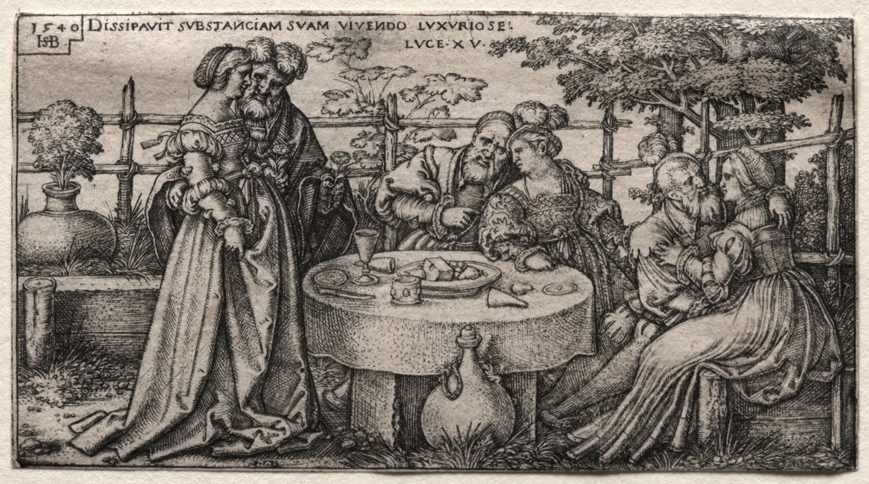 O filho pródigo: desperdiçando sua fortuna de Hans Sebald Beham