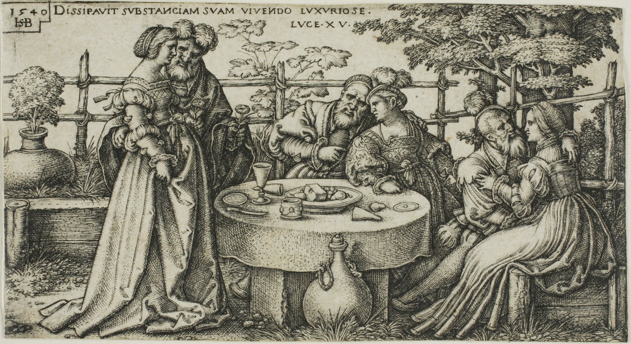 O filho pródigo desperdiçando sua fortuna, placa dois da história do filho pródigo de Hans Sebald Beham