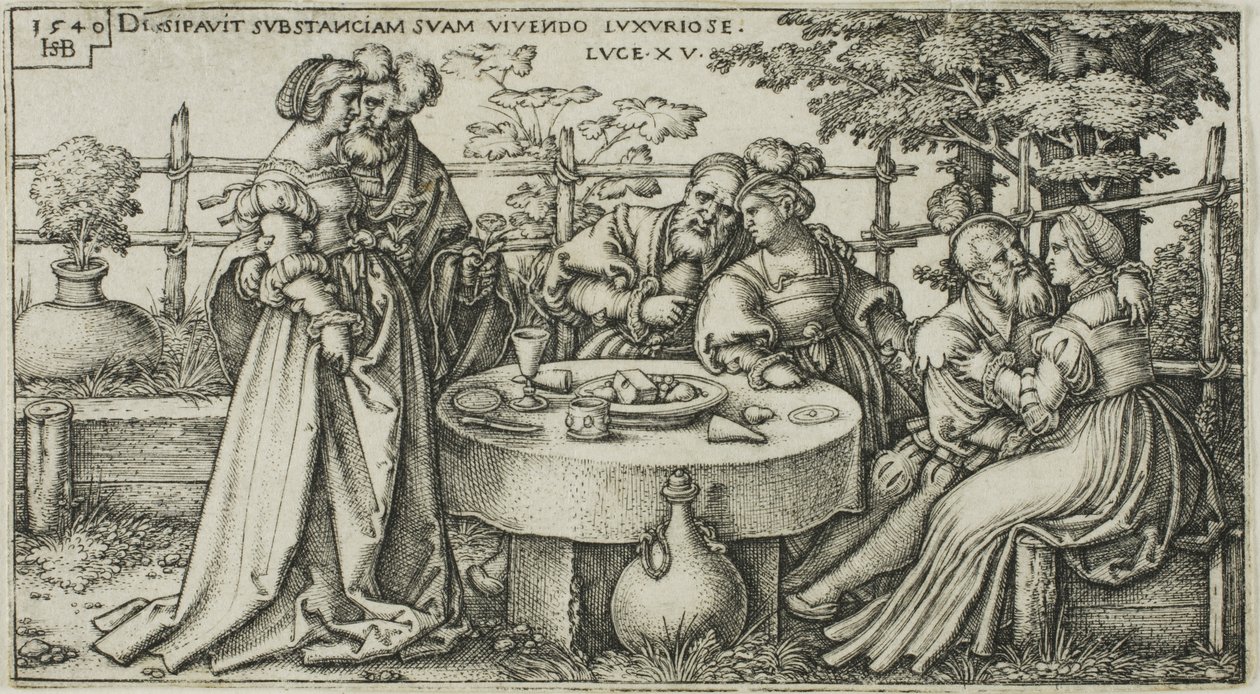 O filho pródigo desperdiçando sua fortuna, placa dois da história do filho pródigo de Hans Sebald Beham