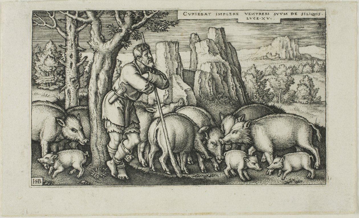O Filho Pródigo com o Porco, prato três da História do Filho Pródigo de Hans Sebald Beham