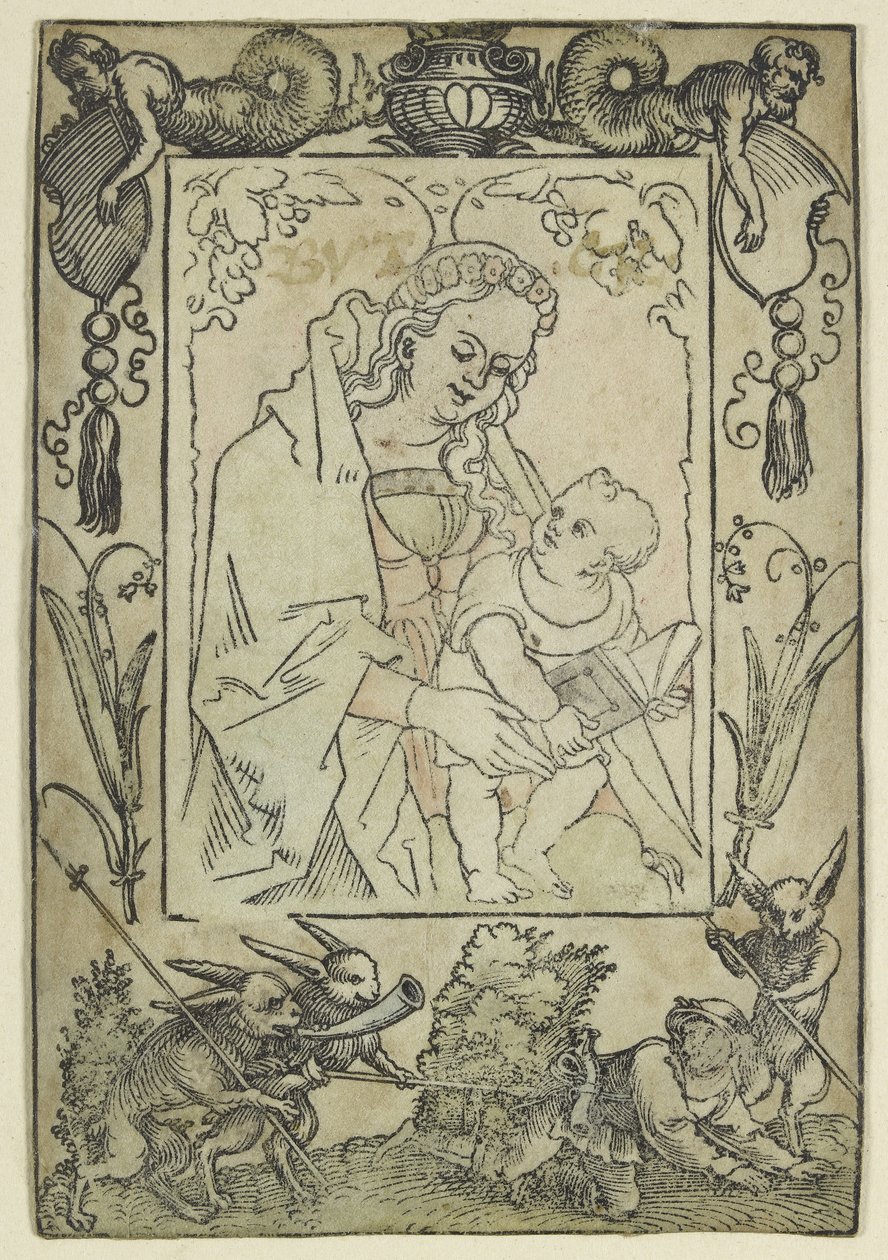 A Virgem e o Menino cercado por uma Fronteira com um Caçador e alguns Coelhos (xilogravura, sobrecarregada em aquarela, impressa em pergaminho) de Hans Sebald Beham