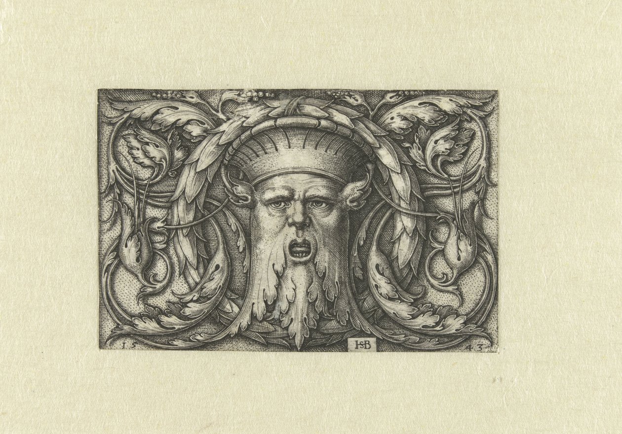 Decoração de planos. Máscara com uma coroa de Hans Sebald Beham