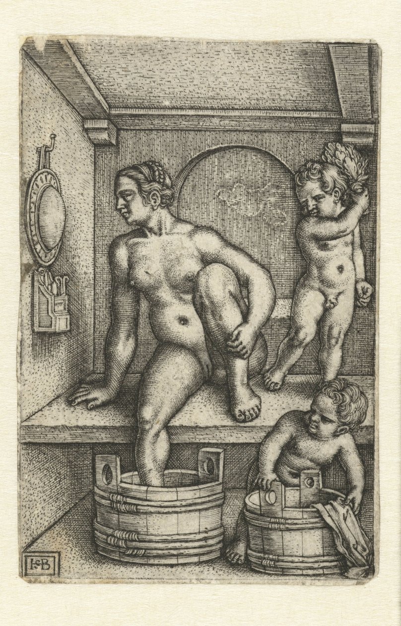 Mulher com dois filhos na casa de banho de Hans Sebald Beham