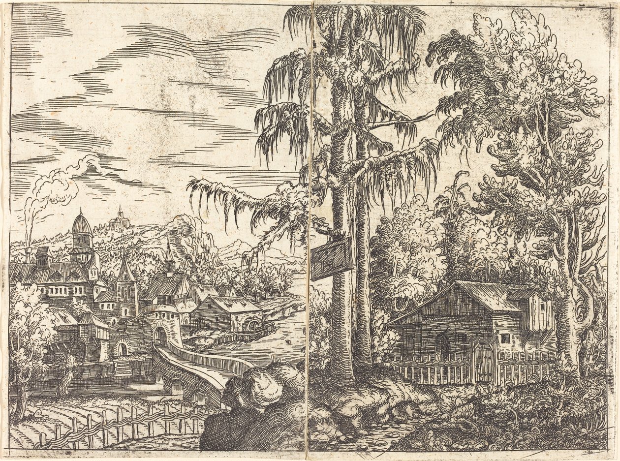 Paisagem com vista de uma casa de campo e uma cidade perto de um rio, 1551. de Hans Sebald Lautensack