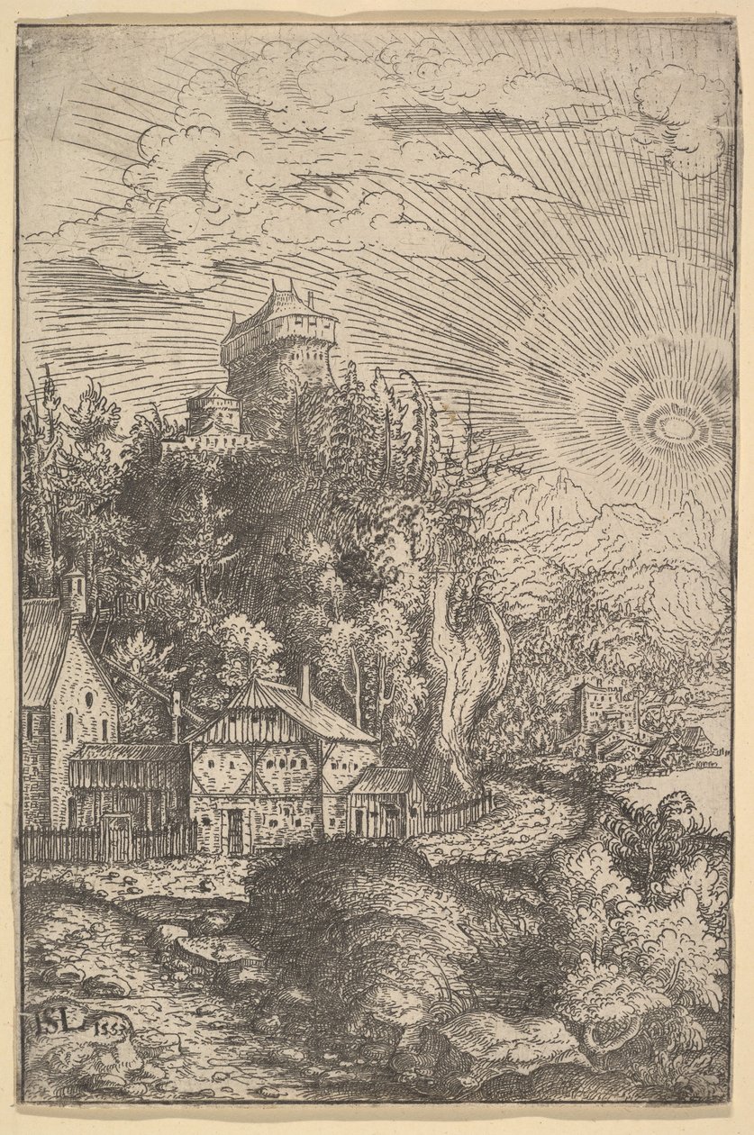 Paisagem com um castelo empoleirado em uma rocha, 1553. de Hans Sebald Lautensack
