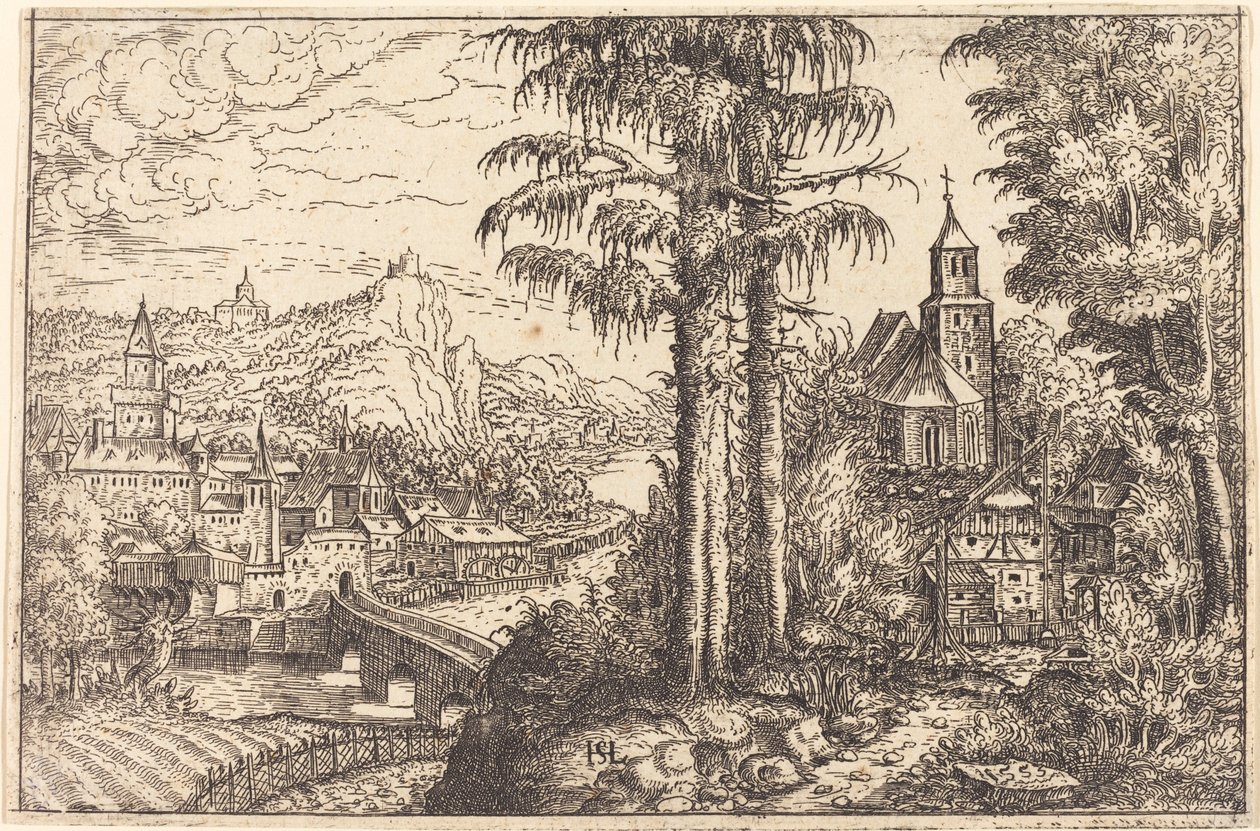 Vista de uma cidade perto de um rio com uma igreja à direita, 1553. de Hans Sebald Lautensack