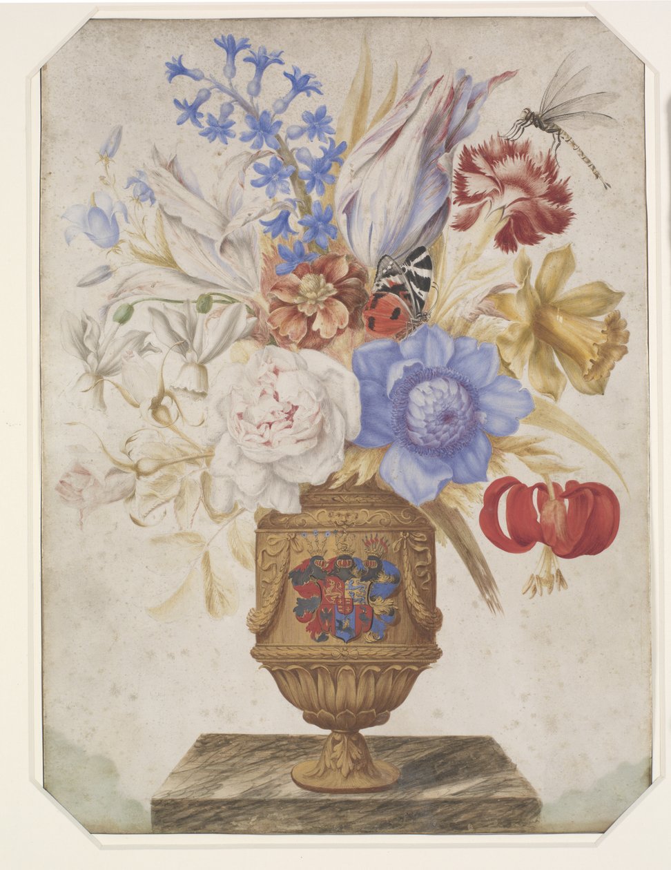Flores em vaso dourado com o brasão de Holstein-Gottorp. de Hans Simon Holtzbecker