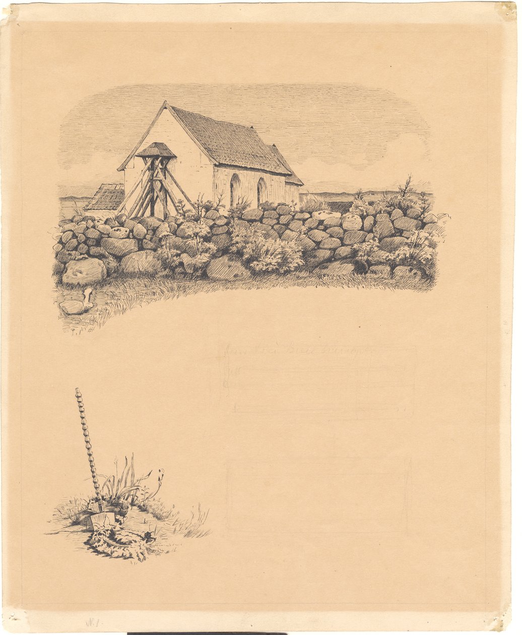 Ilustração para S. St. Arquibancadas: "Mowns". F.o.: igreja atrás de pedras; f.n.: túmulo (?) com pá de Hans Smidth