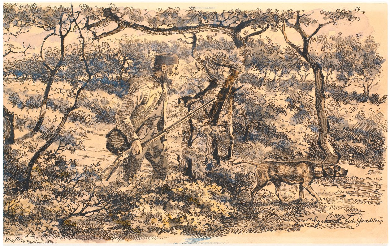 Caçador com cachorro na floresta de Hans Smidth