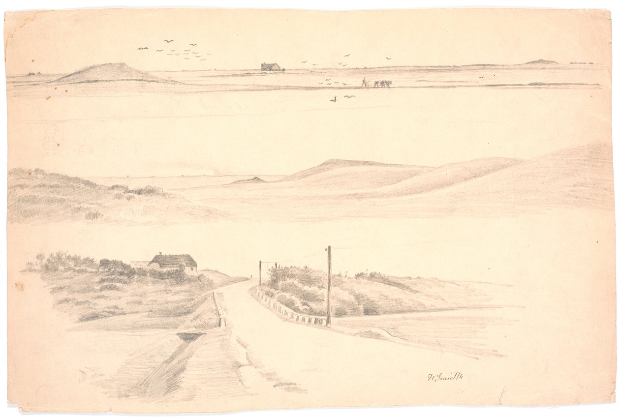 Revista de estudo com três paisagens da Jutlândia. Topo: paisagem com campo arado; meio: paisagem com altas colinas; inferior: paisagem com casa e estrada de Hans Smidth