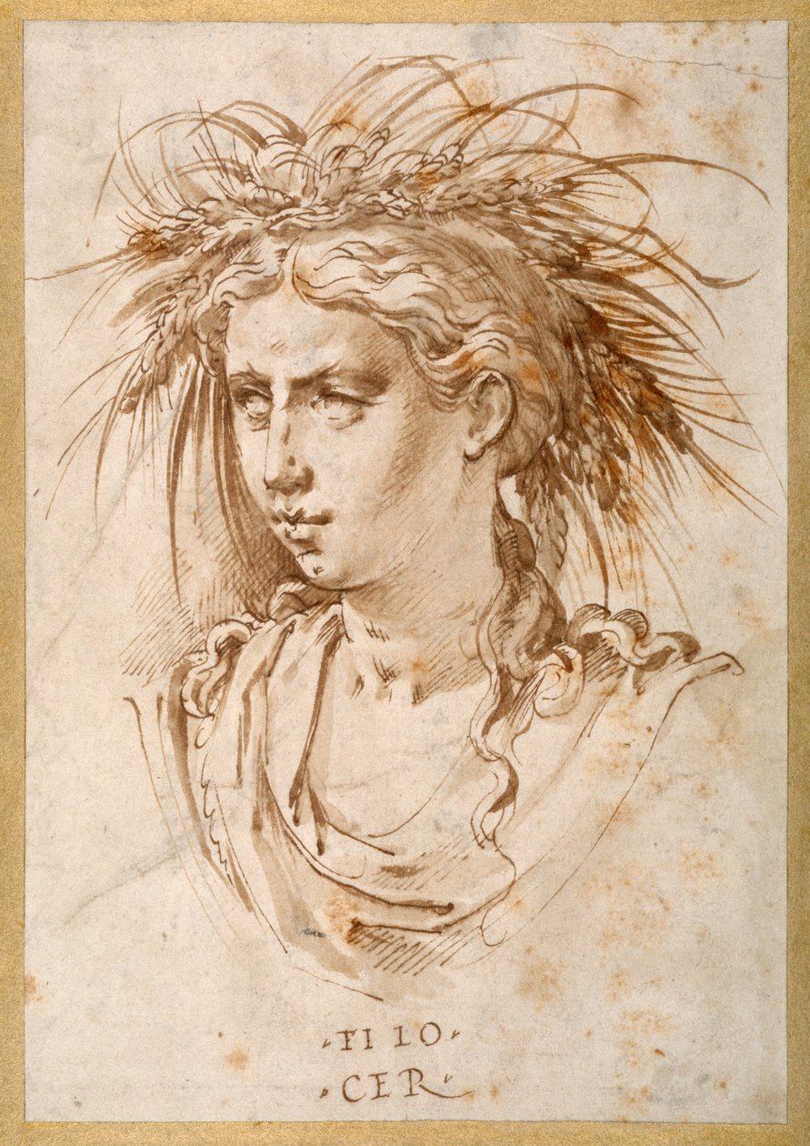 Cabeça da Ceres (caneta e tinta castanha sobre papel) de Hans Speckaert