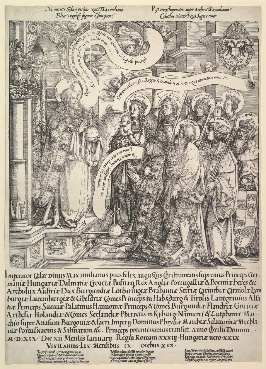 Maximiliano Apresentado por seus santos padroeiros ao Todo-Poderoso, 1519. de Hans Springinklee