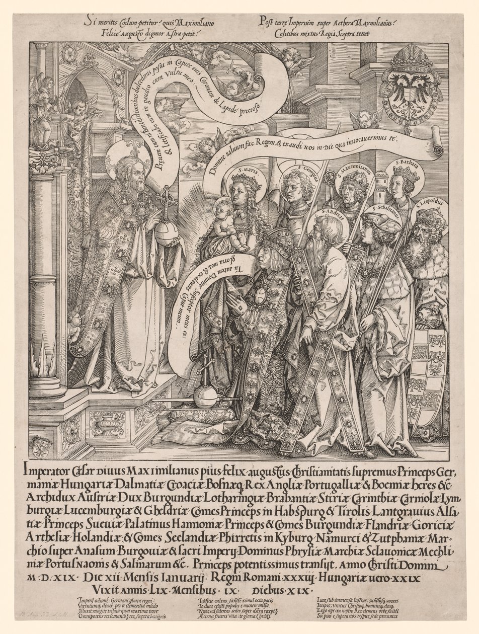 O Imperador Maximiliano Apresentado por Seus Santos Padroeiros ao Todo-Poderoso de Hans Springinklee