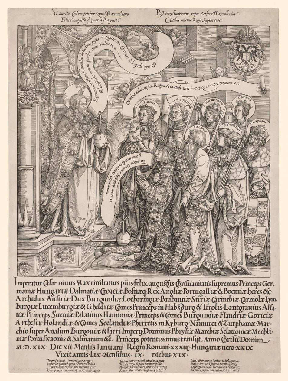 O Imperador Maximiliano Apresentado por Seus Santos Padroeiros ao Todo-Poderoso, 1519. de Hans Springinklee