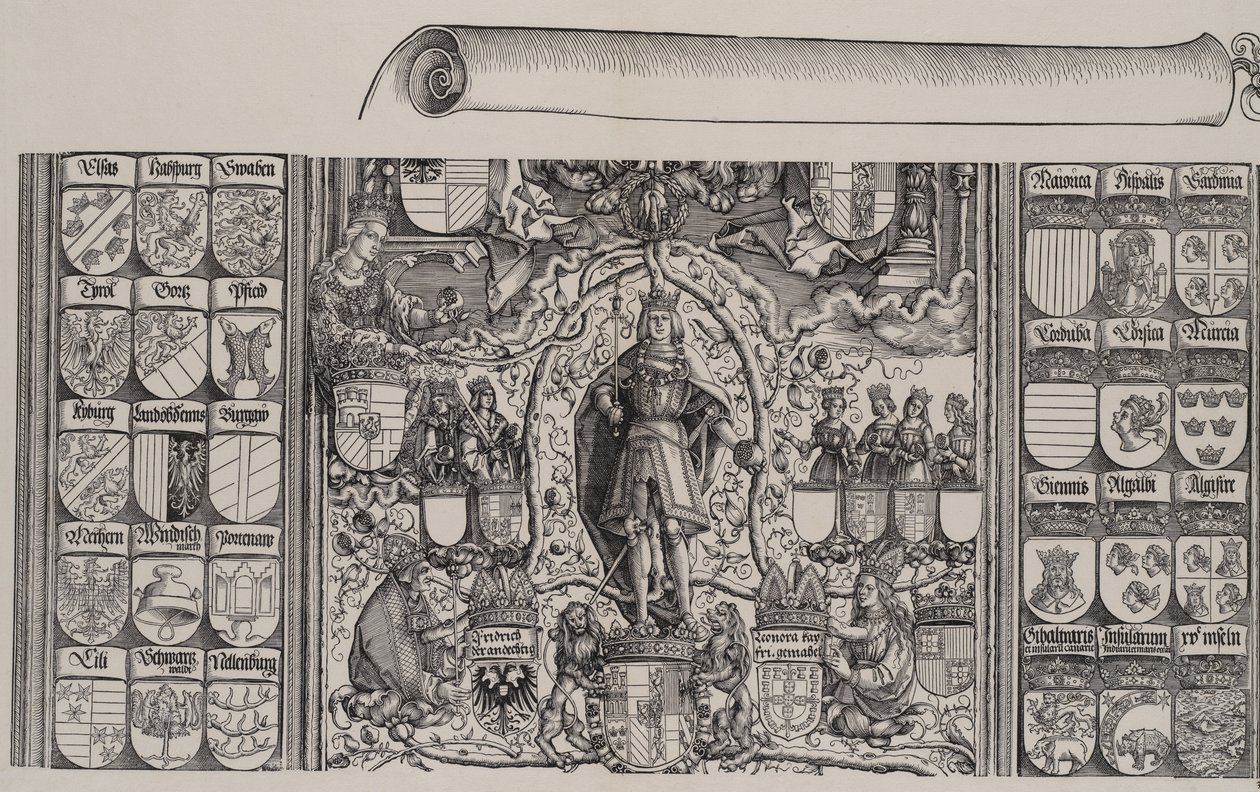 A Porção Superior da Genealogia de Maximiliano, com a Borda Direita do Pergaminho para o..., 1515. de Hans Springinklee