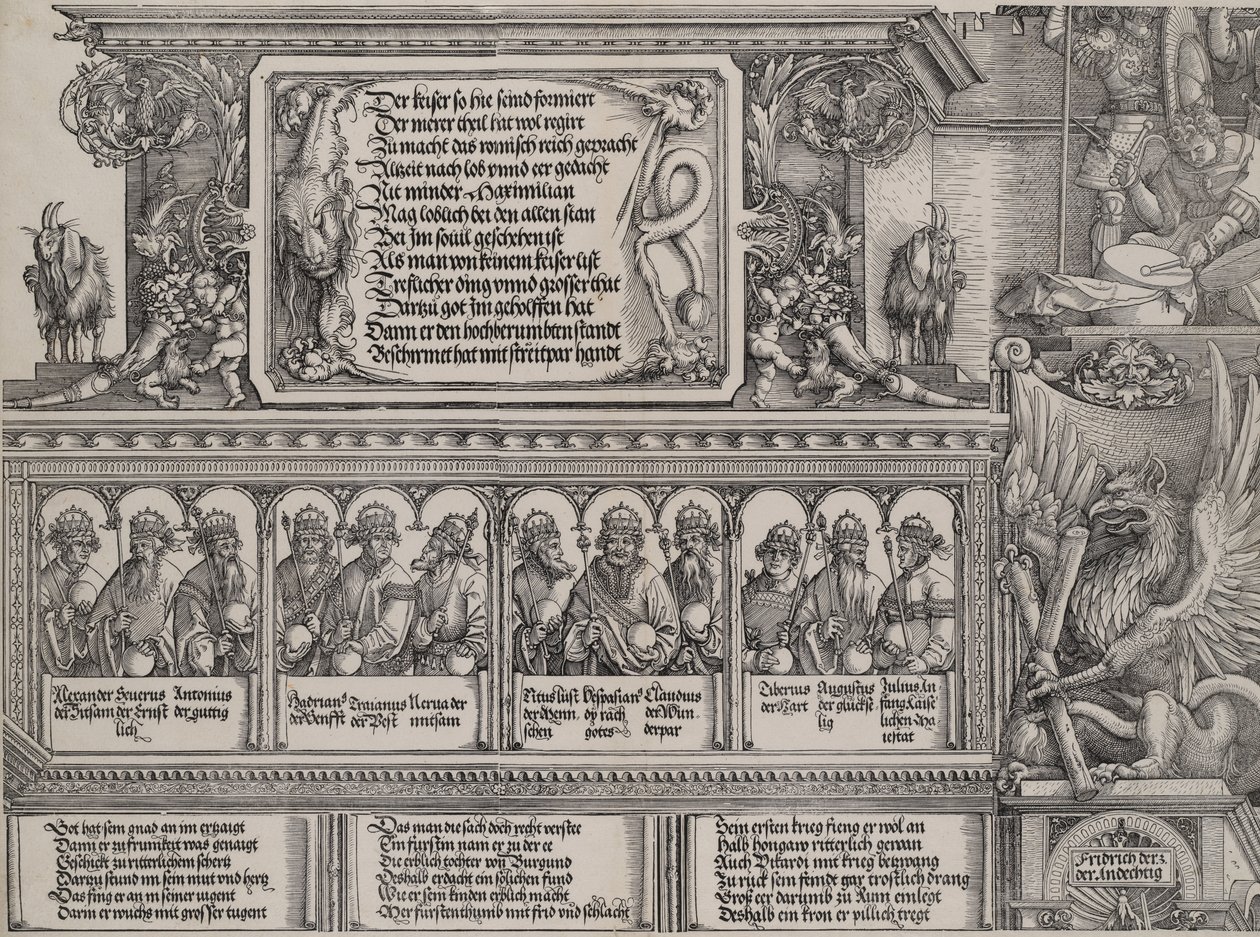 A Parte Superior do Portal Esquerdo, com a Inscrição em Pele de Leão, Friso com B..., 1515. de Hans Springinklee