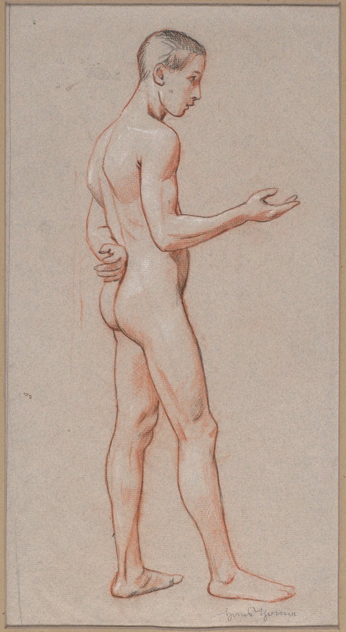 Nu de um jovem com o braço estendido, representado de pé de perfil de Hans Thoma