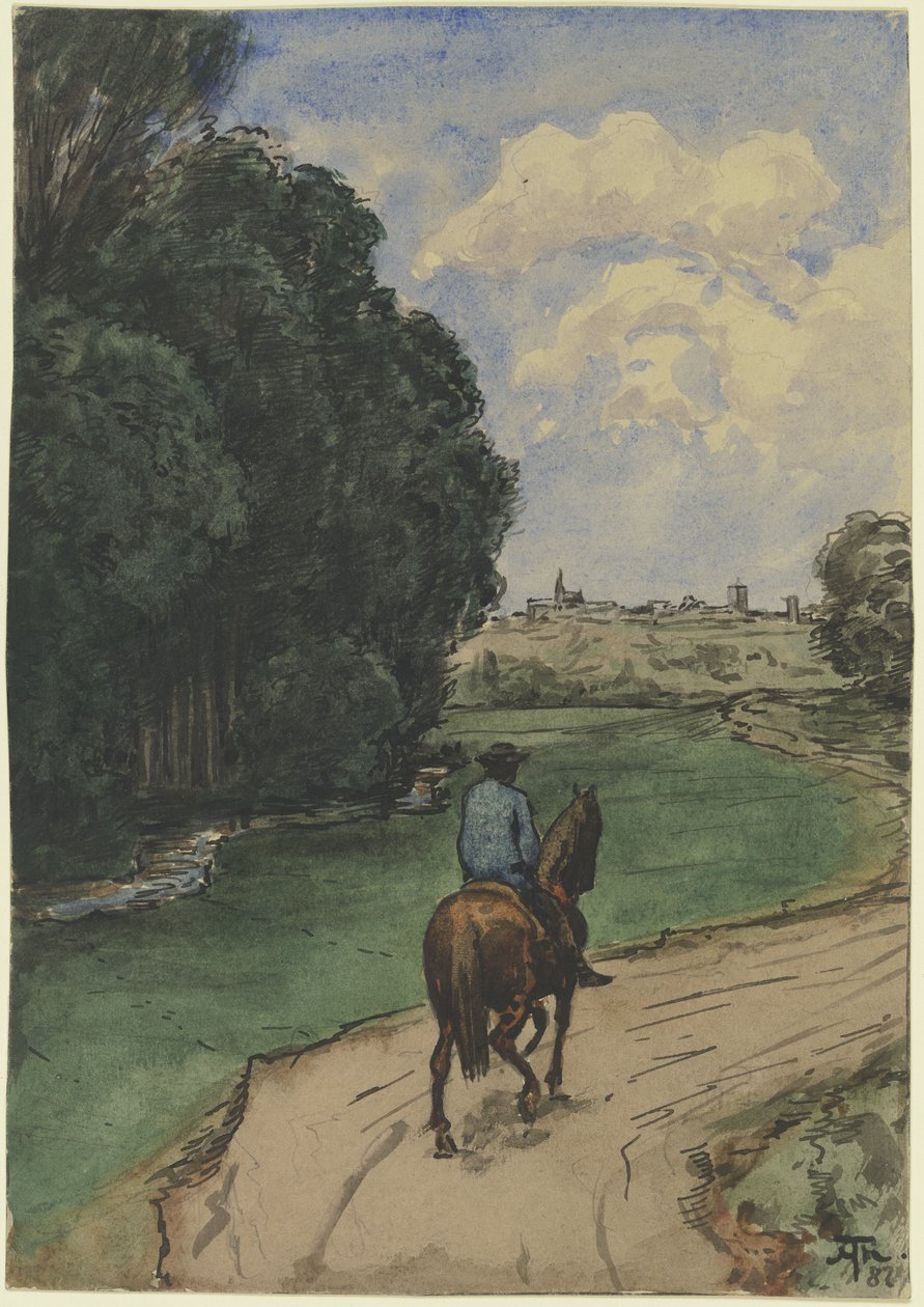 À orla da floresta. Cavaleiro num caminho, voltado para o interior da imagem de Hans Thoma