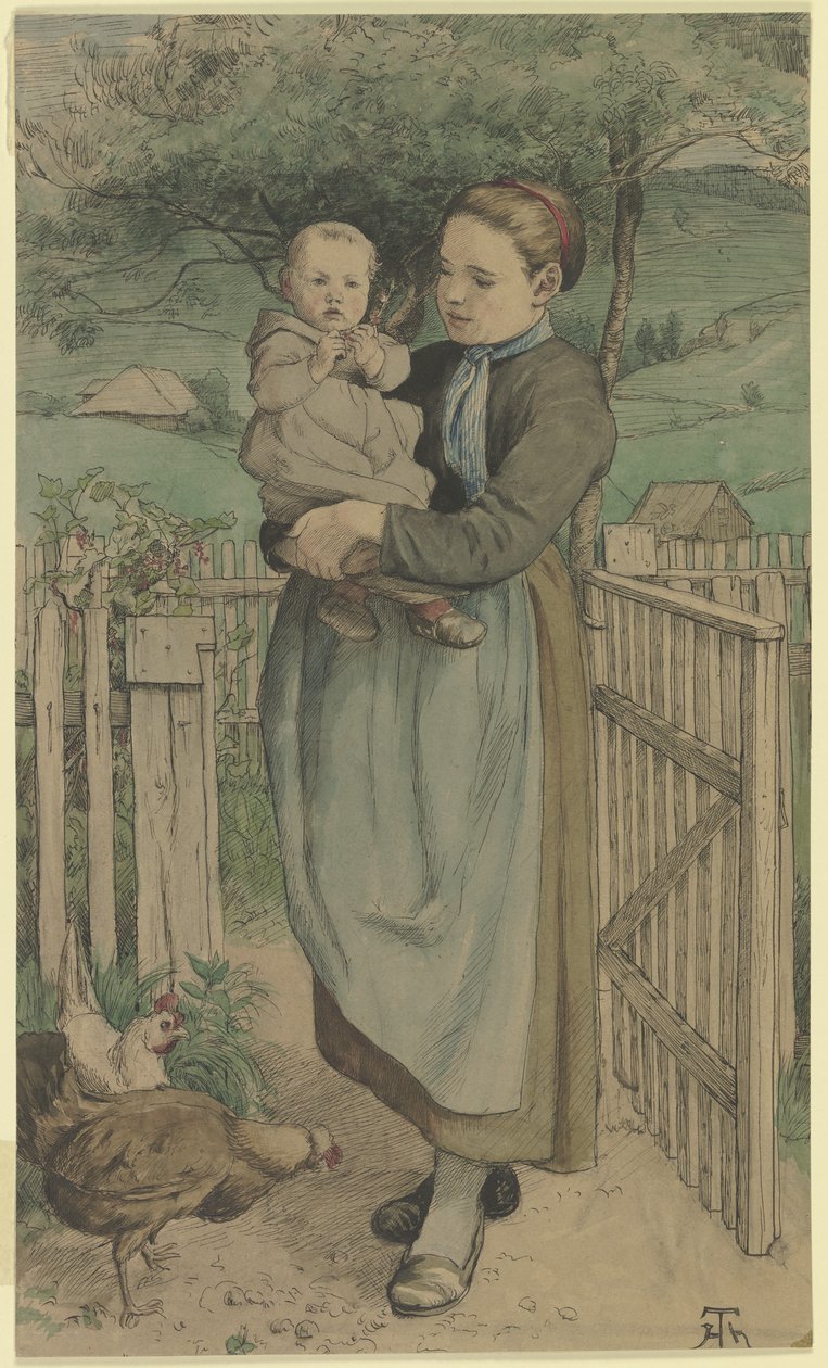 Rapariga camponesa com uma criança ao colo, de pé junto a uma vedação de madeira de Hans Thoma
