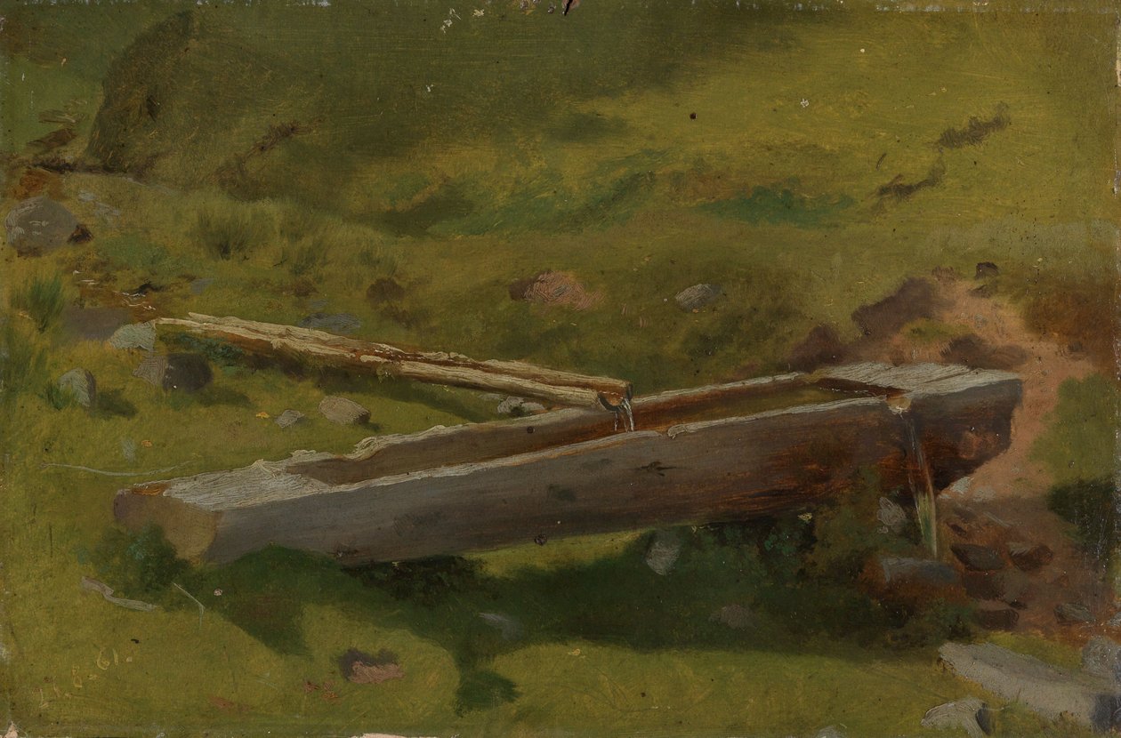 Tronco de árvore a servir de bacia de fonte de Hans Thoma
