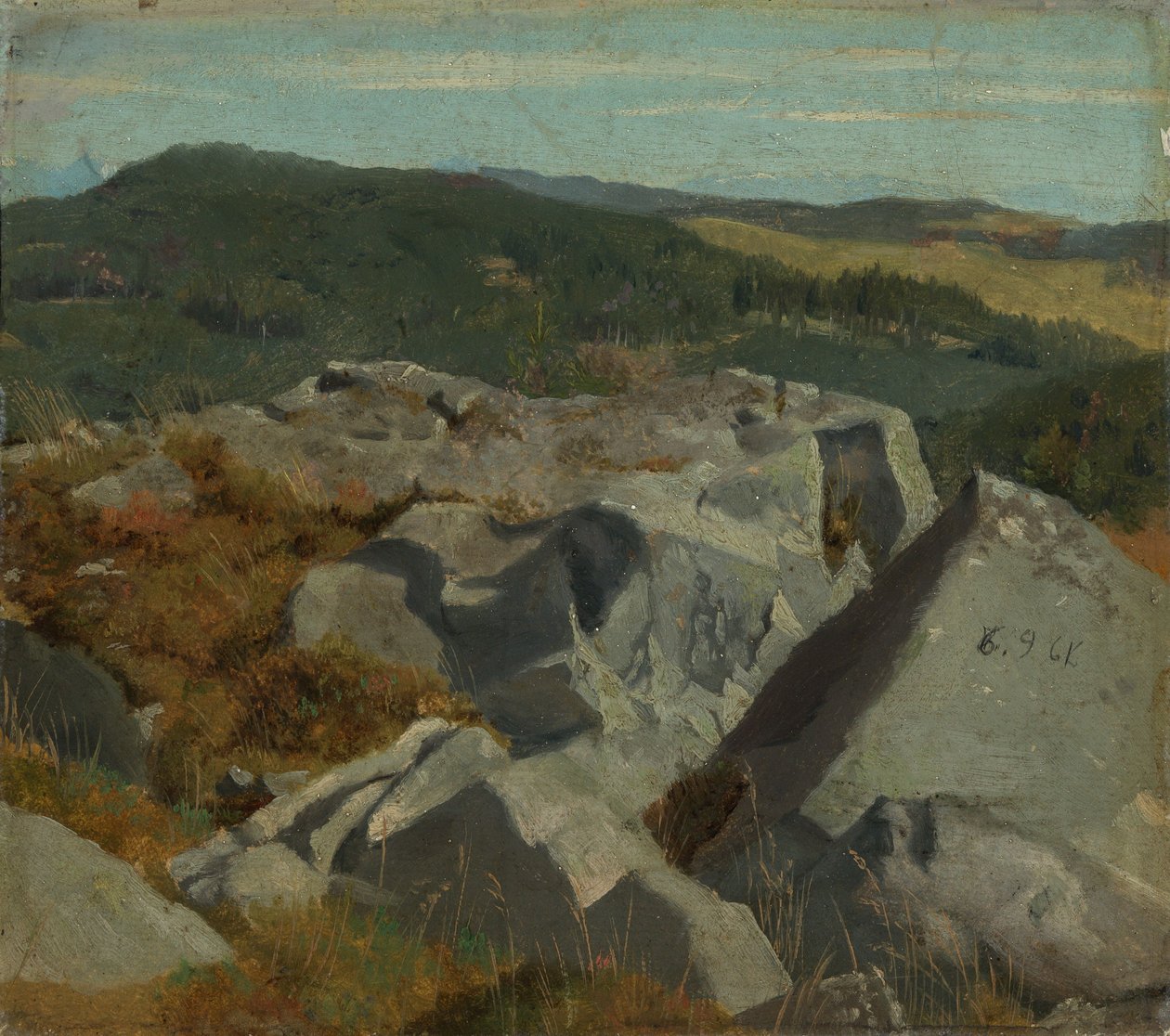 Vista sobre rochedos e cadeias montanhosas de Hans Thoma